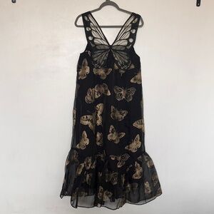 Anthropologie Black Midi Dress with Gold Butterfly Print